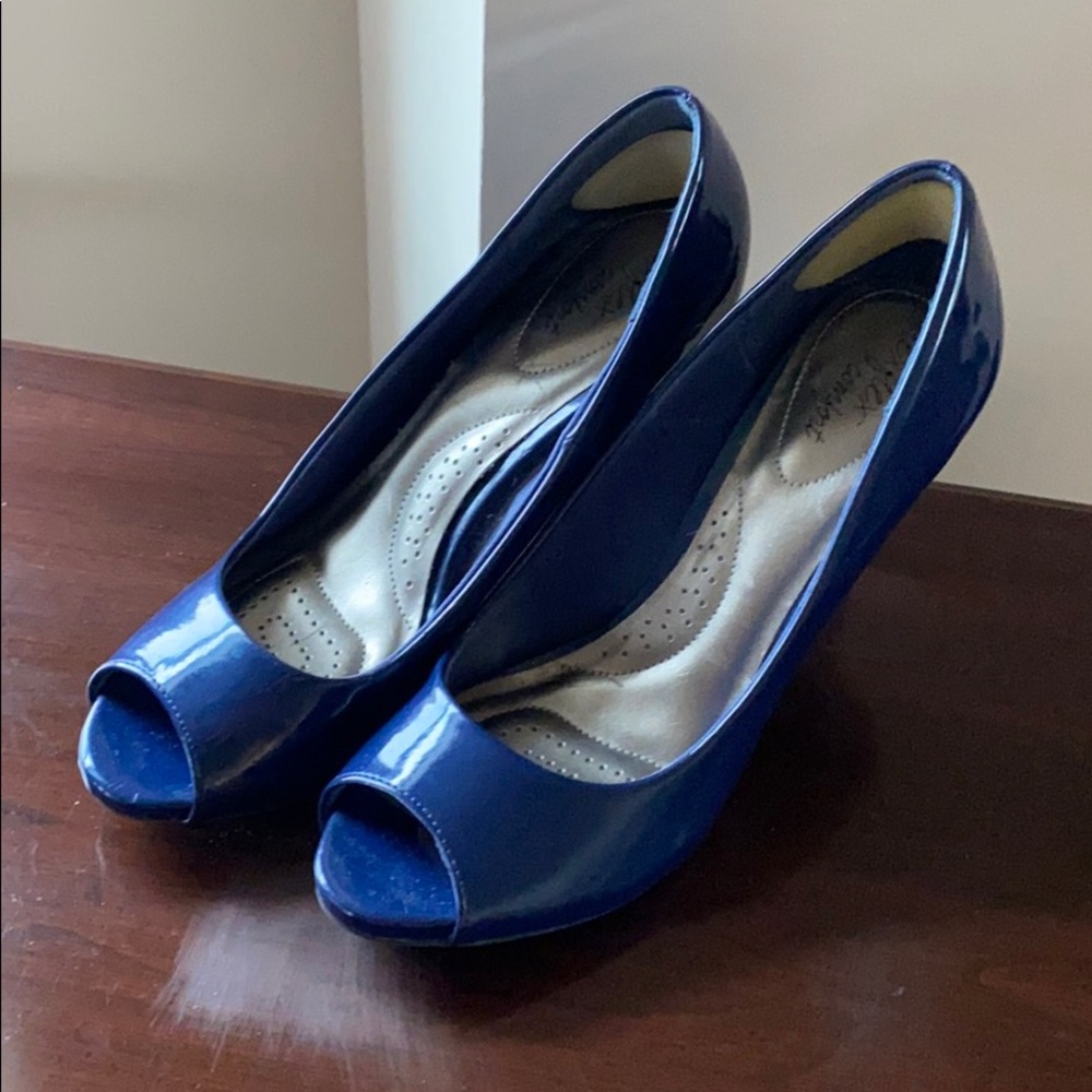 Deep Blue Peep Toe Patent heels